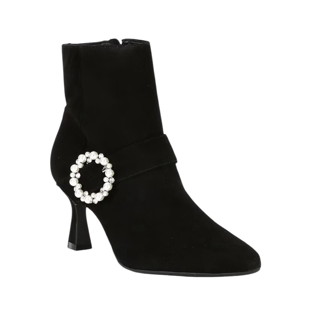 Alex Marie Marilyn Suede Pearl Buckle Booties Black